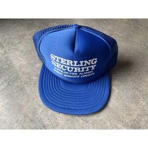 Vintage 90's Trucker Hat STERLING SECURITY Blue Mesh Snapback Nissin Tag